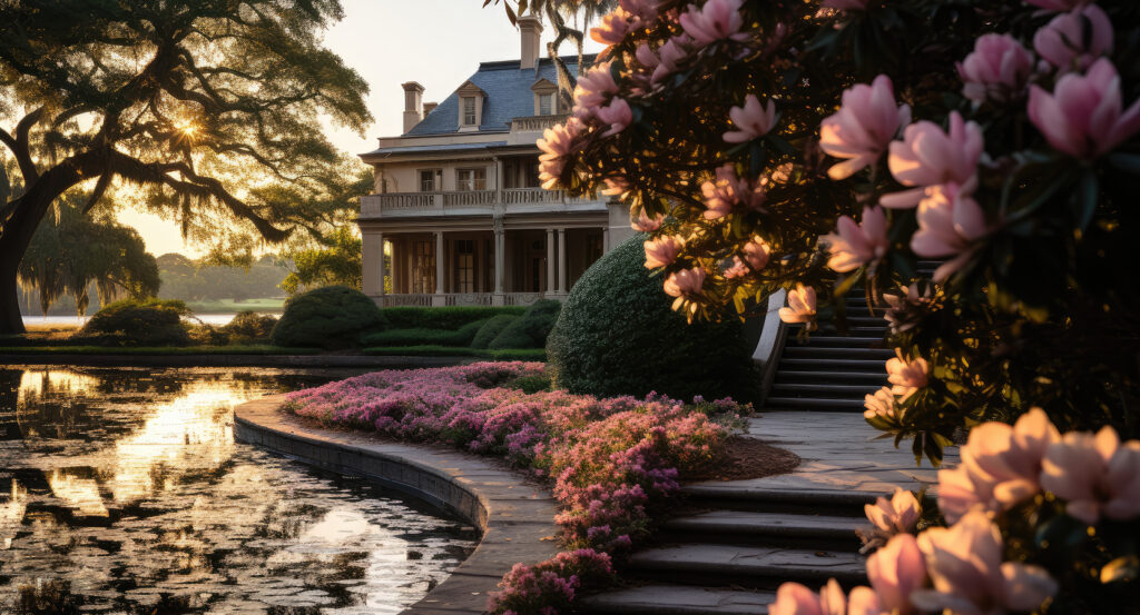 Sunset over Middleton Place mansion framed by trees and landscaped gardens