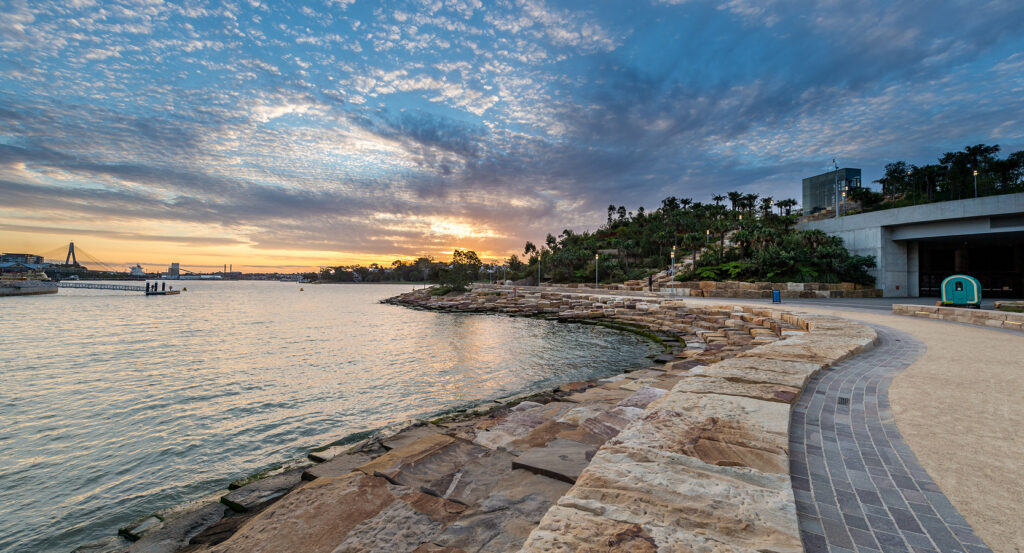 Stone terraces and harbor view at Barangaroo Reserve