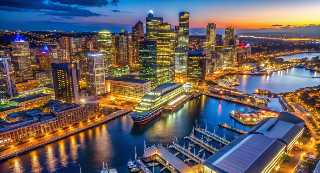 Darling Harbour waterfront view with city lights