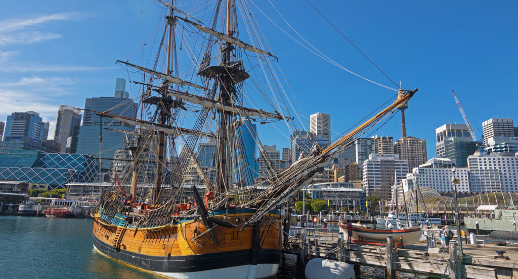 Maritime Museum Sydney with historic ships and city skyline