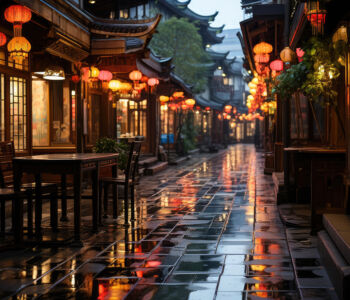 Tianzifang alley illuminated by red lanterns with reflections on rain-polished stone at night.