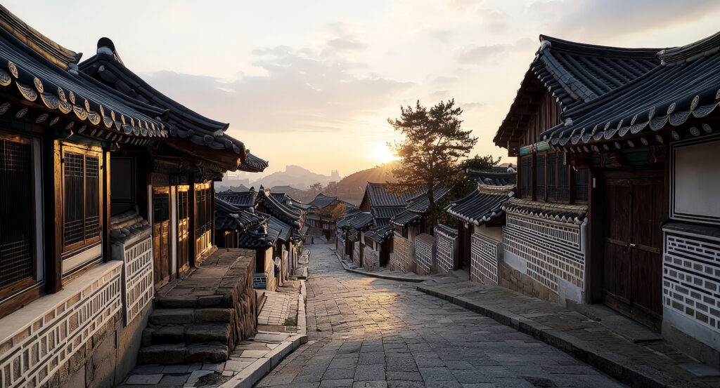 Narrow street lined with historic hanok homes in Bukchon, Seoul