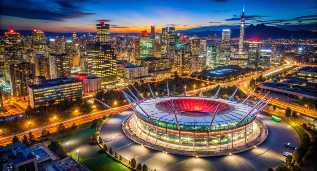 Vibrant city skyline with BC Place stadium illuminated at sunset.
