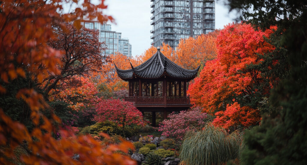 Traditional Chinese pavilion framed by red and orange foliage in Vancouver