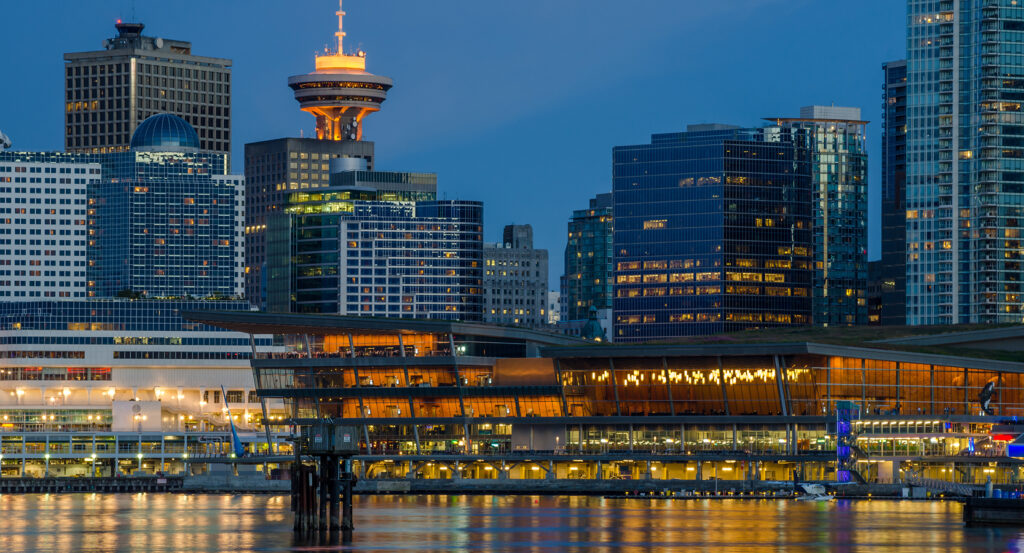 View of Vancouver Harbour Centre at dusk