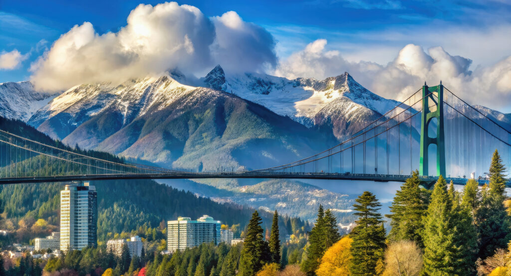 Scenic view of Vancouver’s Lions Gate Bridge with mountains and skyline