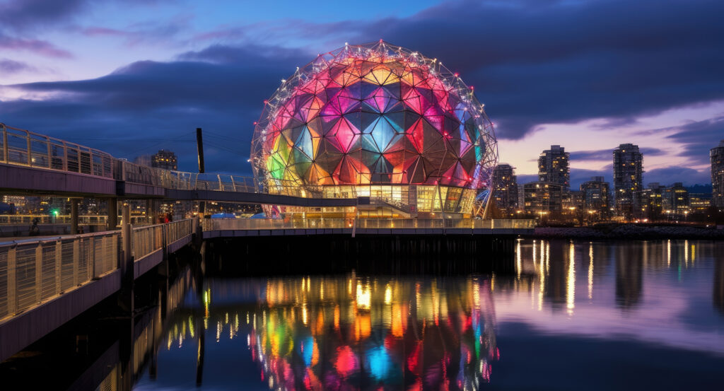 Illuminated Science World geodesic dome beside Vancouver skyline at dusk