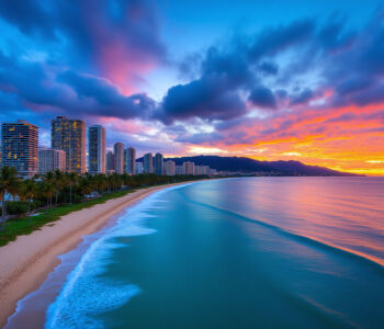 Sunset over Waikiki Beach with city skyline in Honolulu