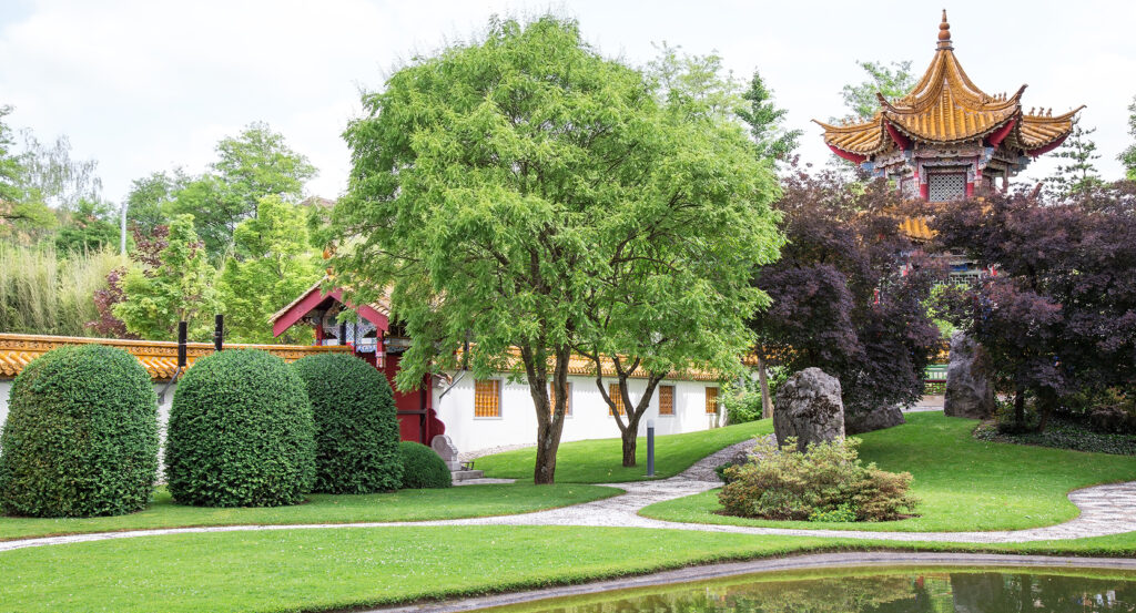 Zurich’s Chinese Garden with pond and pagoda
