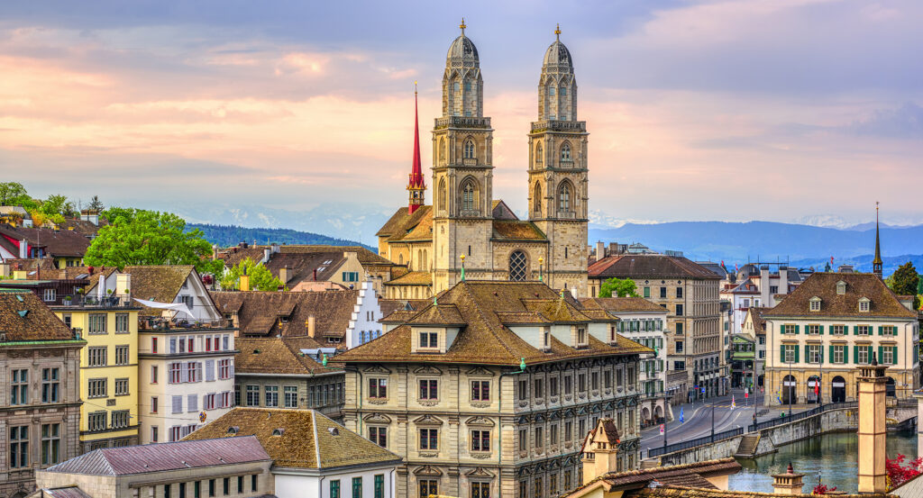 Aerial view of Grossmunster cathedral overlooking Zurich’s Old Town