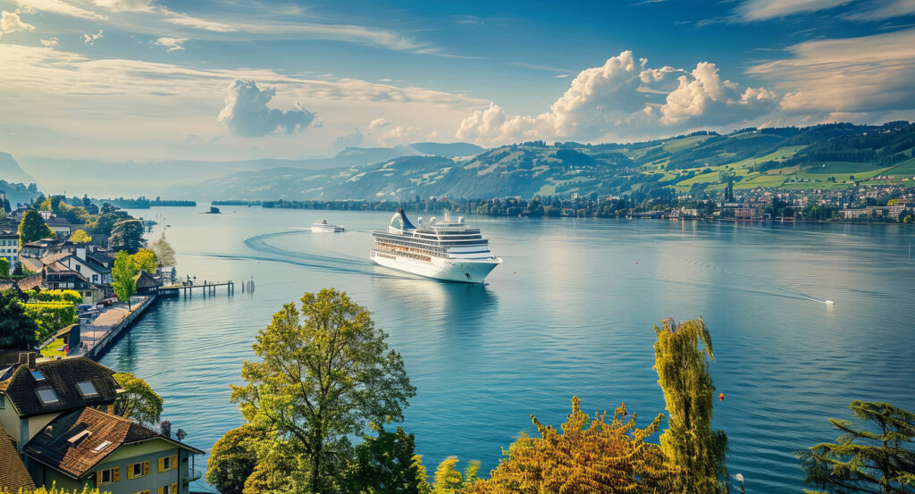 Evening promenade at Lake Zurich with people walking by the water