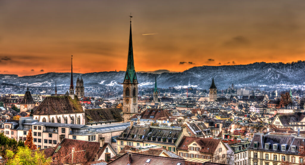 Gothic tower of Predigerkirche in Zurich cityscape