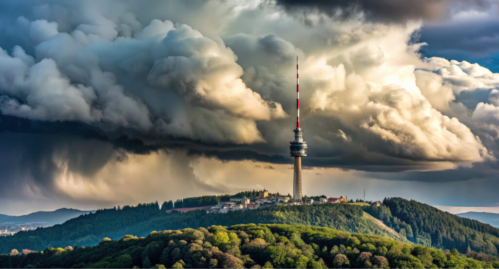 Summit tower on Uetliberg Mountain surrounded by dramatic skies