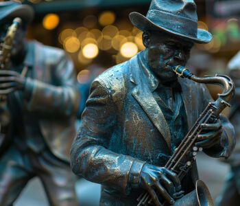 Bronze jazz musician statue in Armstrong Park with soft bokeh lights behind it.