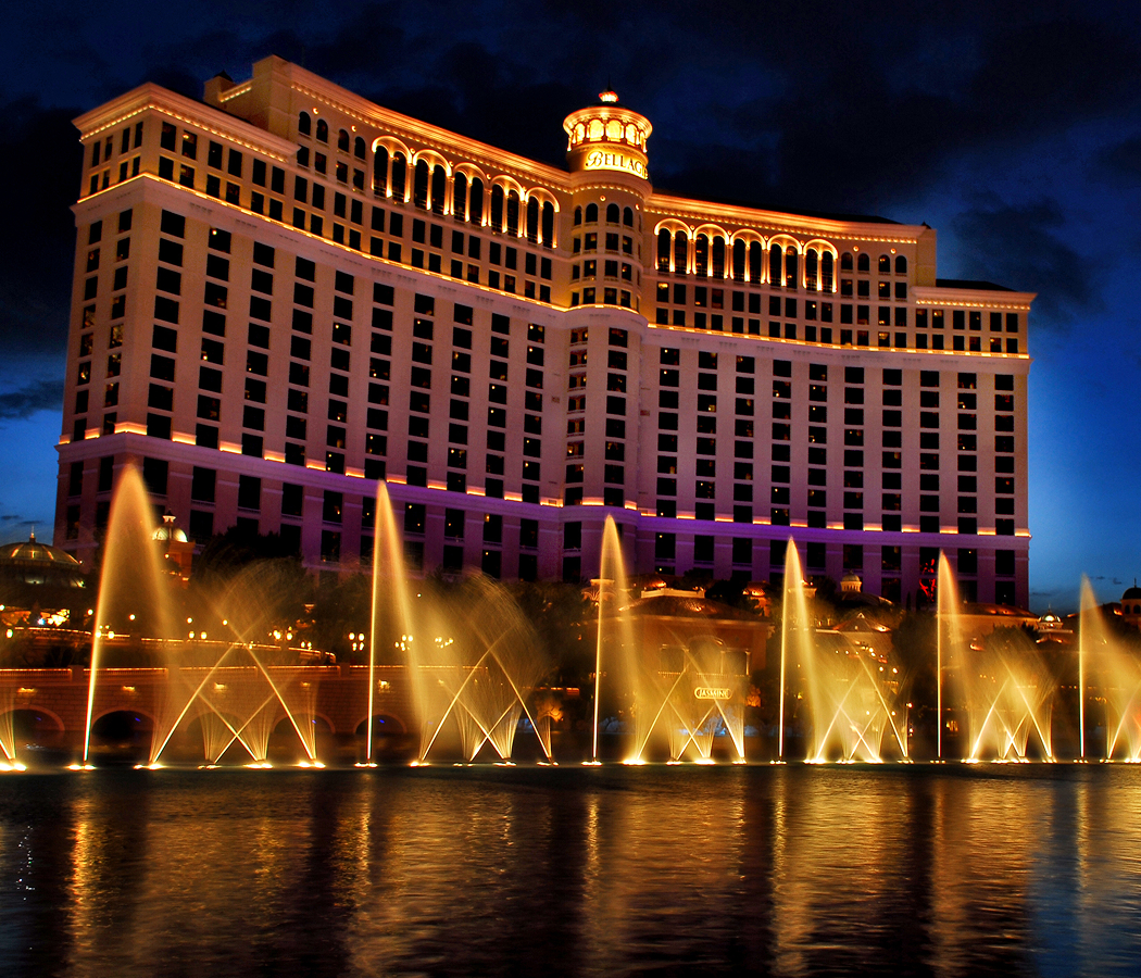 Illuminated water fountains in front of the Bellagio Hotel in Las Vegas