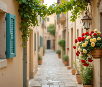 Peaceful narrow alleyway on Burano Island lined with pastel homes, flower boxes, and trailing greenery.