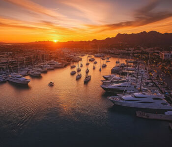 Sunset view over Cabo San Lucas Marina with yachts and boats anchored in calm water.