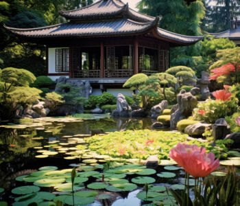 Classical Chinese garden in Portland with a pavilion, koi pond, and lotus flowers.
