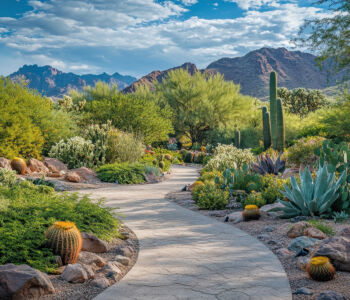 Desert Botanical Garden in Phoenix featuring saguaro cacti, native Sonoran Desert plants, and mountain views.