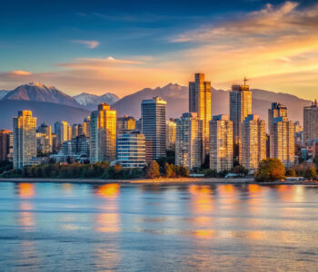 Vancouver skyline reflecting across English Bay under a warm, glowing sunset.