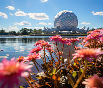 Spaceship Earth at EPCOT framed by vibrant flowers and reflected in a calm waterfront under a clear sky.
