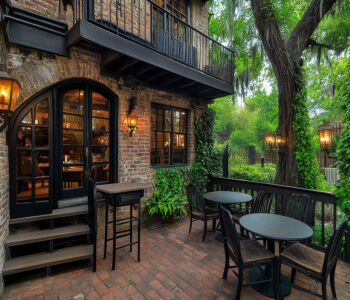 Brick courtyard patio in Savannah Historic District with ivy and lanterns