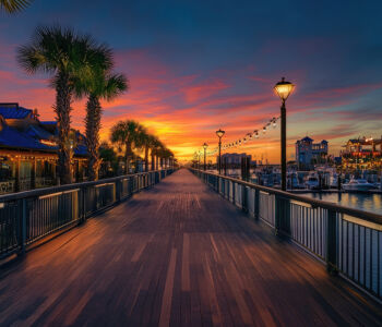 Kemah Boardwalk at sunset overlooking Galveston Bay near Houston, Texas.