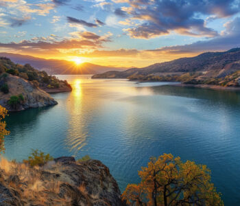 Golden sunset over Lake Berryessa with dramatic clouds and reflections on the water.