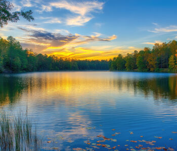 Lake Norman at golden hour with calm water reflecting a glowing sky and surrounding autumn trees.
