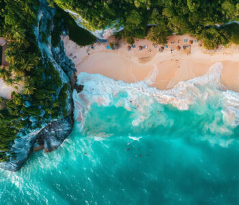 Aerial view of turquoise coastline and beach at Tulum Paraiso