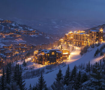 Luxury mountainside lodges glowing warmly over snow-covered slopes at dusk in Park City, Utah.