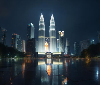 Petronas Twin Towers illuminated at night with reflections on the surrounding water.