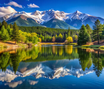 Snow-capped Pikes Peak reflected in a calm mountain lake surrounded by evergreen forest.