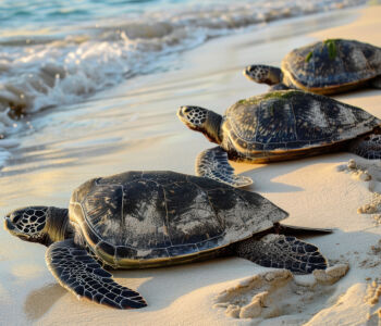 Sea turtles resting on the sandy shoreline at Playa Tortugas in Cancun.