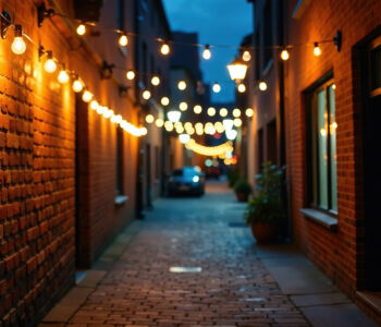 String lights over a narrow brick alleyway in Nashville’s Printer’s Alley district.