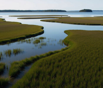 Winding tidal marsh and calm water channels surrounded by lush coastal grasslands in Skidaway Island State Park.
