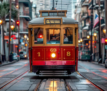 Historic red New Orleans streetcar traveling down St. Charles Avenue.