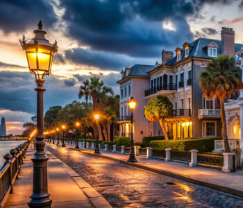 Historic homes lining the Battery promenade in Charleston at dusk with gas lamps glowing along the waterfront.