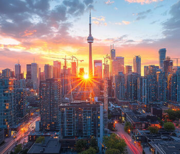Toronto skyline at sunset with the CN Tower rising above downtown high-rises and glowing city streets.