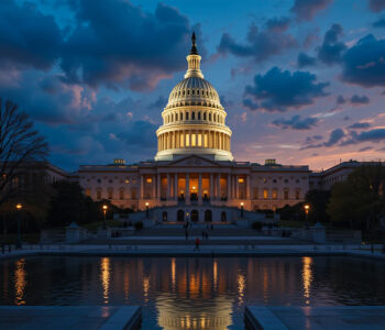 The U.S. Capitol illuminated at dusk, reflected in the water under a dramatic blue-hour sky.