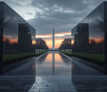 The Vietnam Veterans Memorial reflecting the Washington Monument at sunrise, with names etched on the black granite walls.
