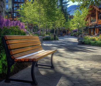 Wooden bench along a sunlit pedestrian path in Whistler Village surrounded by flowers and alpine architecture.