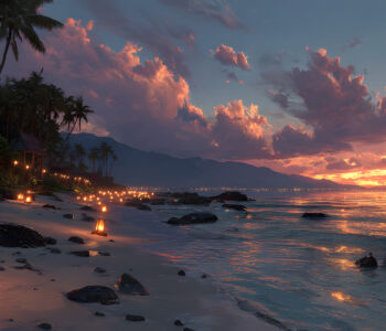 Lantern-lit tropical beach at sunset with palm trees, gentle waves, and glowing clouds