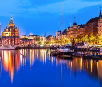 Helsinki harbor waterfront illuminated at night
