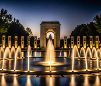 World War II Memorial fountains illuminated at dusk with the central arch and pillars reflected in the water.
