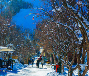A snowy pedestrian street lined with winter trees and mountains in the background, with people walking along the path on a bright, clear day.