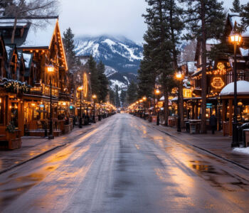 Snowy mountain town street lined with warmly lit wooden lodges and shops at dusk, leading toward snow-covered peaks.