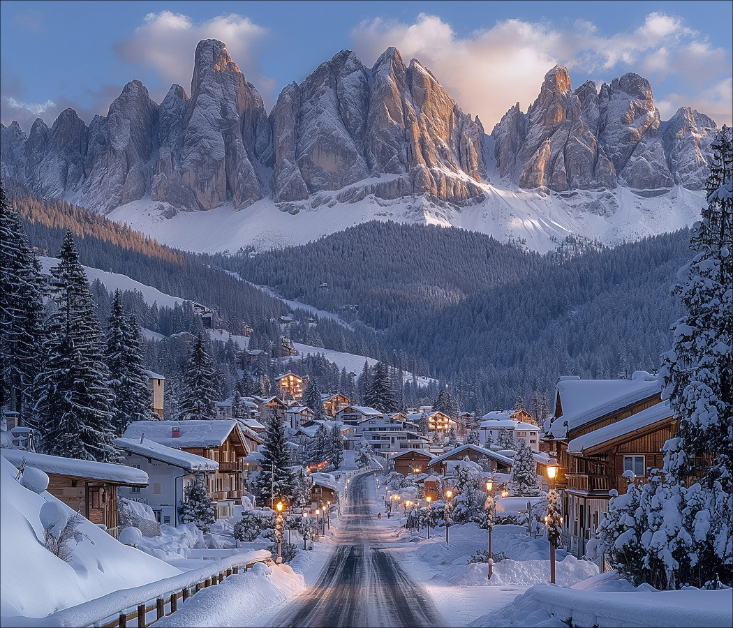 Cortina d’Ampezzo Italy in winter with snow-covered chalets and the Dolomites at sunrise