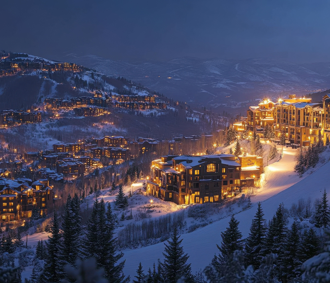 Deer Valley Utah illuminated at night with snow-covered slopes and luxury lodges