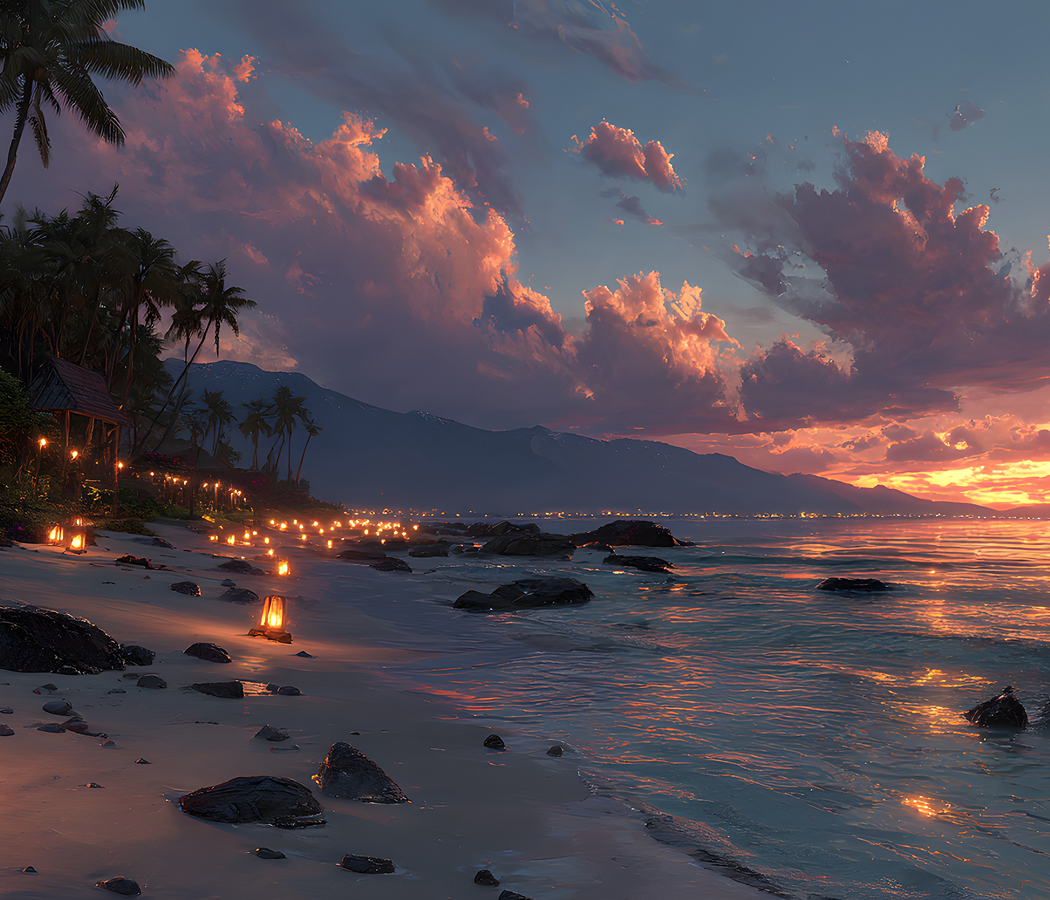 Lanterns lining a beach at sunset with palm trees and ocean waves in Maui, Hawaii